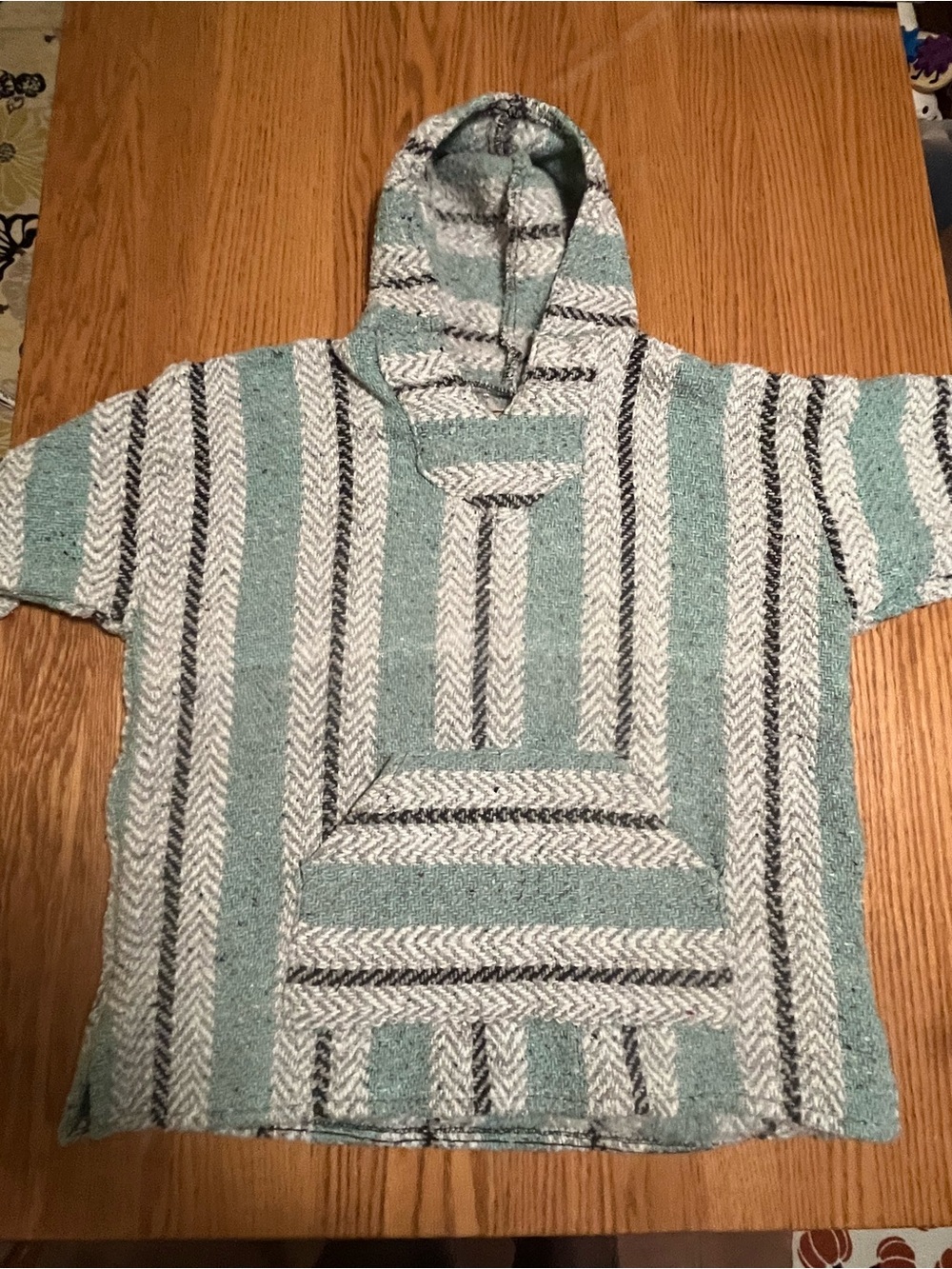 Baja Joe Hoodie Poncho Medium Drug Rug Mexico Teal Gray White Mexican Hippie